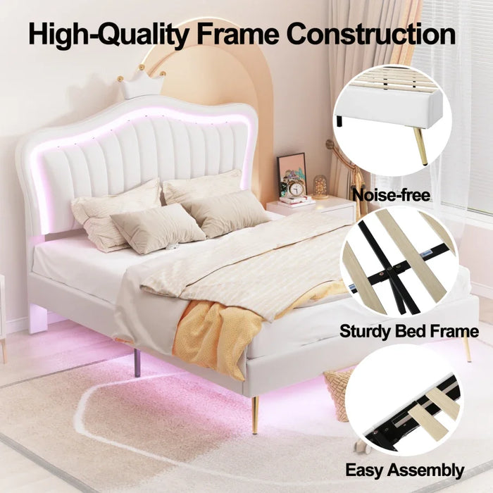 Bed,Princess Bed,Modern Comfrotable Upholstered Bed Frame with LED Lights and Crown Headboard Design,for bedroom