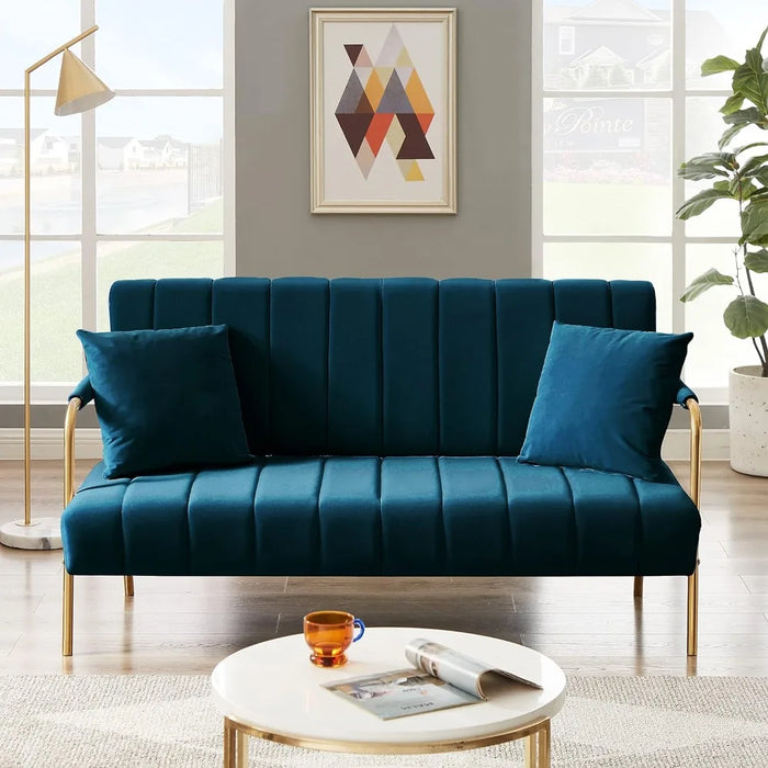 Velvet upholstered two-seater sofa tufted futon sofa with metal legs, throw pillows and cashmere fabric upholstery 2-seater sofa