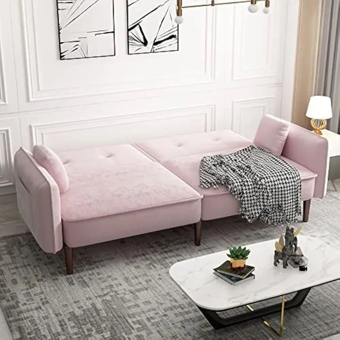Leisure Velvet Futon Sofa Bed with Adjustable Back, Convertible Sleeper Couch Chaise with 2 Pockets, Upholstered Loveseat, Pink