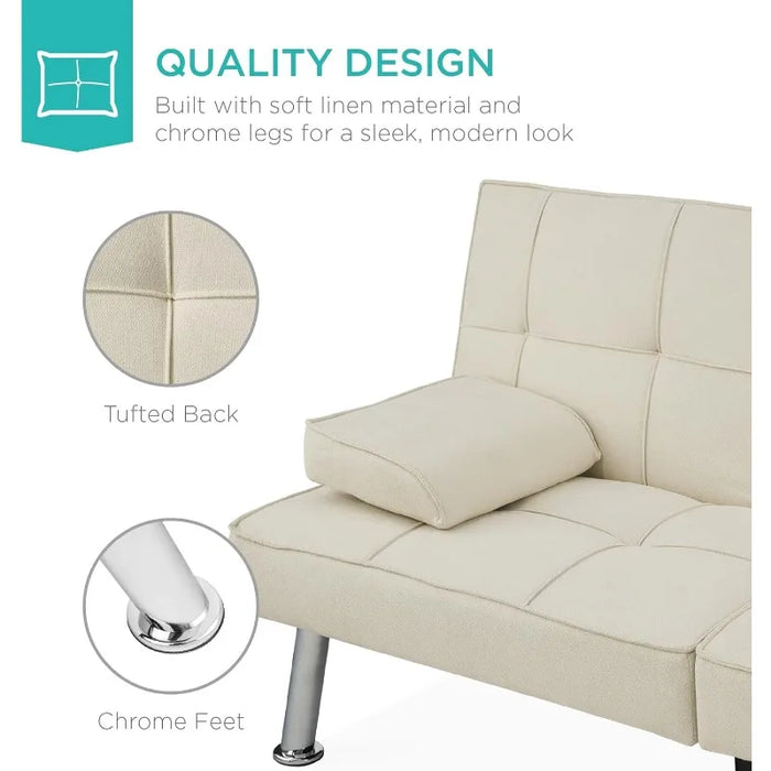 Best Choice Products Linen Modern Folding Futon, Reclining Sofa Bed for Apartment, Dorm w/Removable Armrests, 2 Cupholders