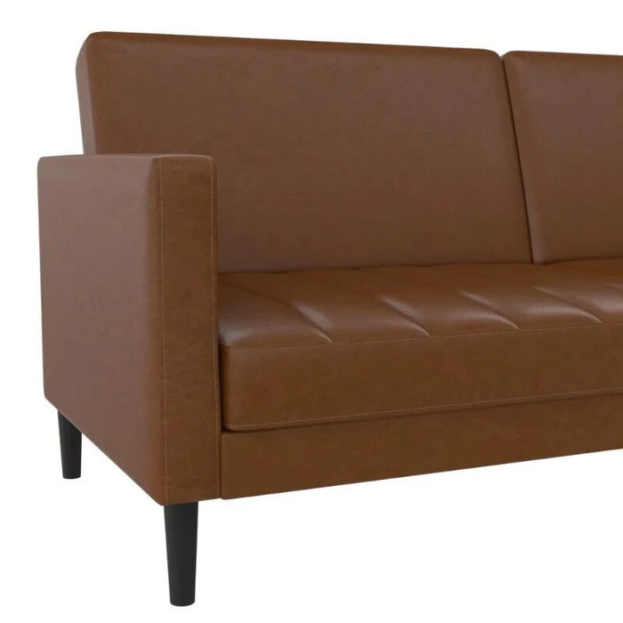 Queer Eye Farnsworth Futon Couch, Living Room Furniture, Camel Faux Leather