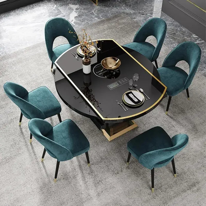 Telescopic Black Table Round Table Turntable Rotating Light Luxury Modern Household Tempered Glass Multifunctional Furniture