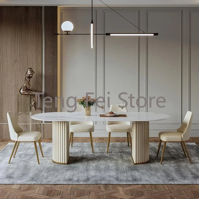 White Minimalist Light Luxury Bright Rock Plate Dining Room Set Modern Chairs Household Living Room Tavolo Pranzo Furniture WK