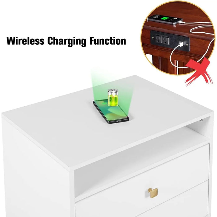 AILEEKISS Nightstands Set of 2 with Wireless Charging Function Wooden Night Stands 2 Sets with Drawers and Open Shelf
