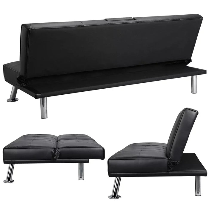 Modern Faux Leather Futon With Cupholders and Pillows Sofa Living Room Sofas Black Furniture Home Sofas