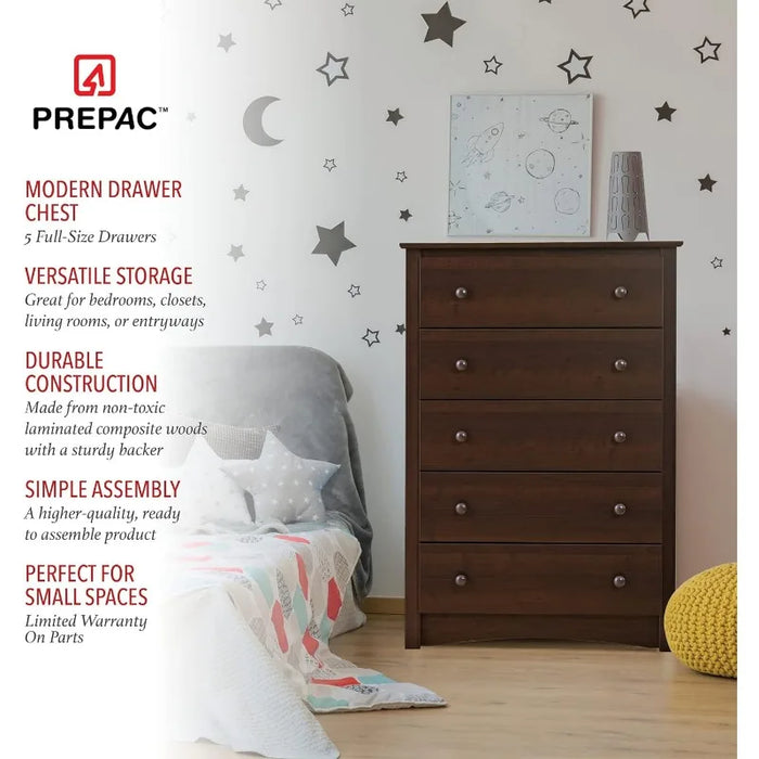 5-Drawer Chest for Bedroom - Spacious and Stylish Chest of Drawers, Measuring 16"D x 31.5"W x 45.25"H, In Espresso Finish