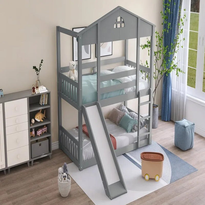 over Twin House Bunk Bed with Convertible Slide and Ladder for Kids Bedroom, Solid Wood House-Shaped Bed for More Children, Divi
