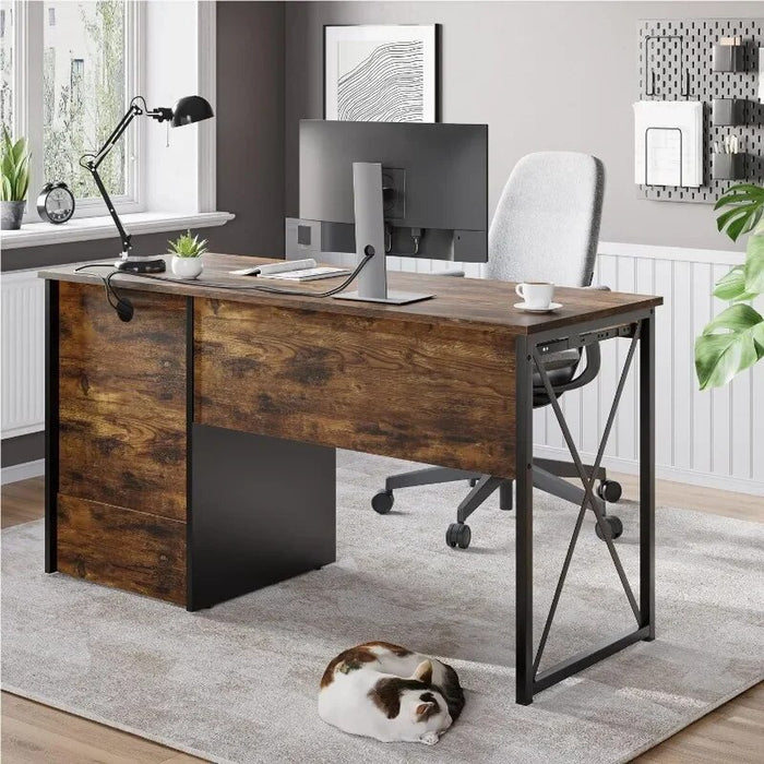 55 inch Industrial Computer Desk with Storage, Wood Teacher Desk with Keyboard Tray & File Drawer for Home Office