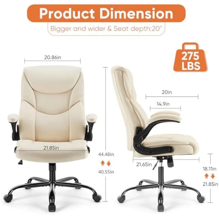 Office Chair Cream Ergonomic High Back Heavy Duty Task Chair With Flip-up Arms PU Leather Free Shipping Chairs Swivel Furniture
