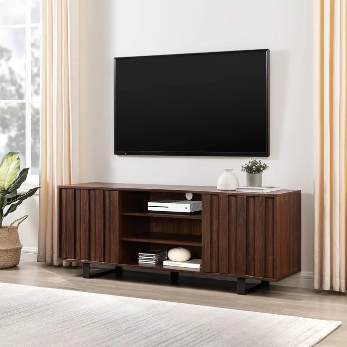 Walker Edison Leith Modern Grooved Door Stand for TVs up to 65 Inches, 60 Inch, Dark Walnut