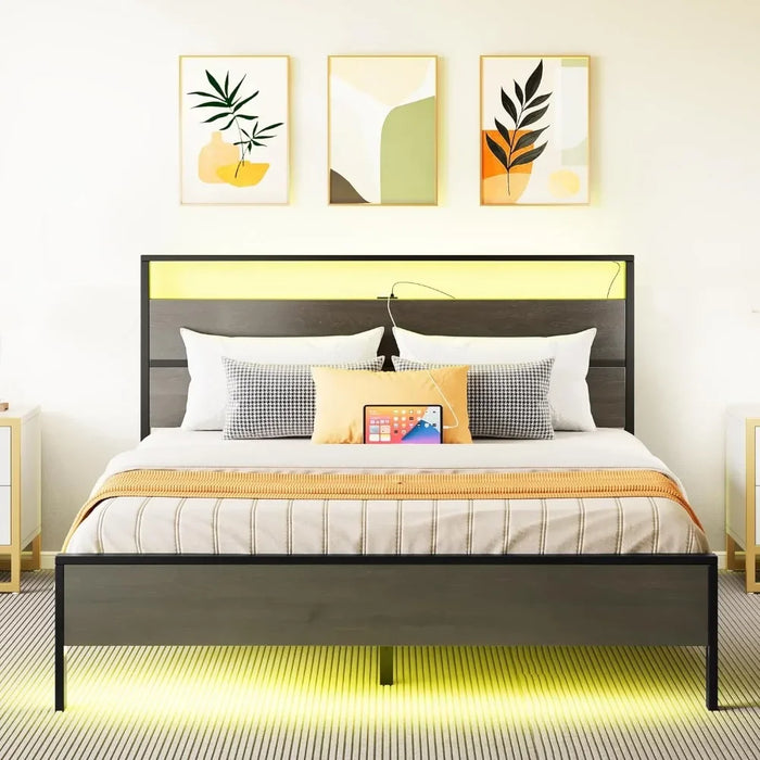 Queen size bed frame, LED with 2 USB ports, sturdy metal slats support, platform bed frame with storage gap under the bed