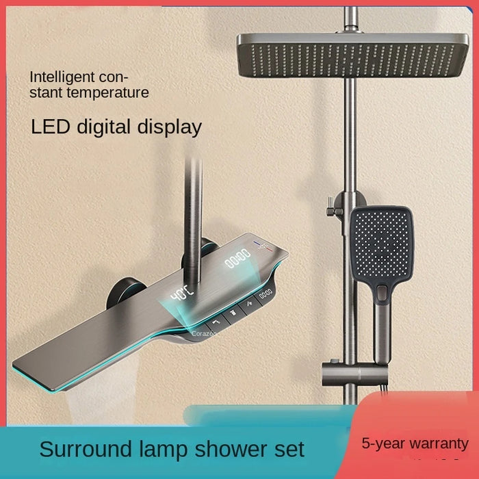 Luxury Gray White Bathroom Shower Set Smart Digital Display Thermostatic Shower System Full Sets LED Bathtub Rain Showers Faucet