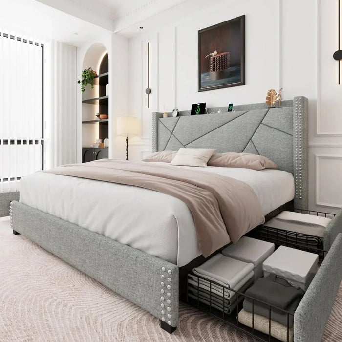 Bed frame with 4 storage drawers, upholstered platform bed frame, solid wood slats support, no need for box spring platform bed