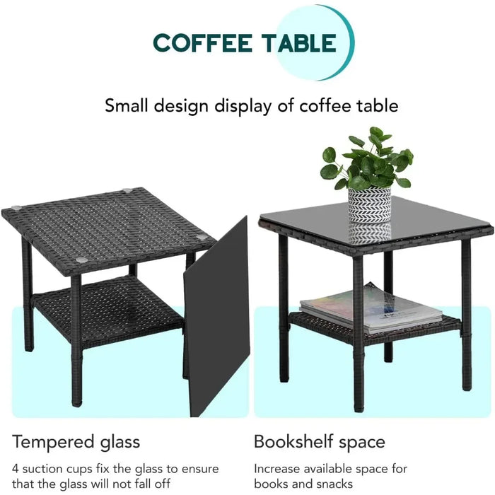 3 Piece Outdoor Furniture Set,Chair Furniture Bistro Conversation Set2 Wicker Chairs with Blue Upholstery and Glass Coffee Table