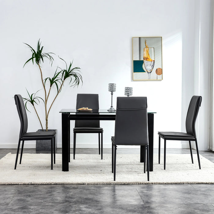 [Flash Sale]5 Pieces High-Grade Dining Table Set for 4 Kitchen Room Tempered Glass Dining Table 4 Faux Leather Chair Black[US-W]