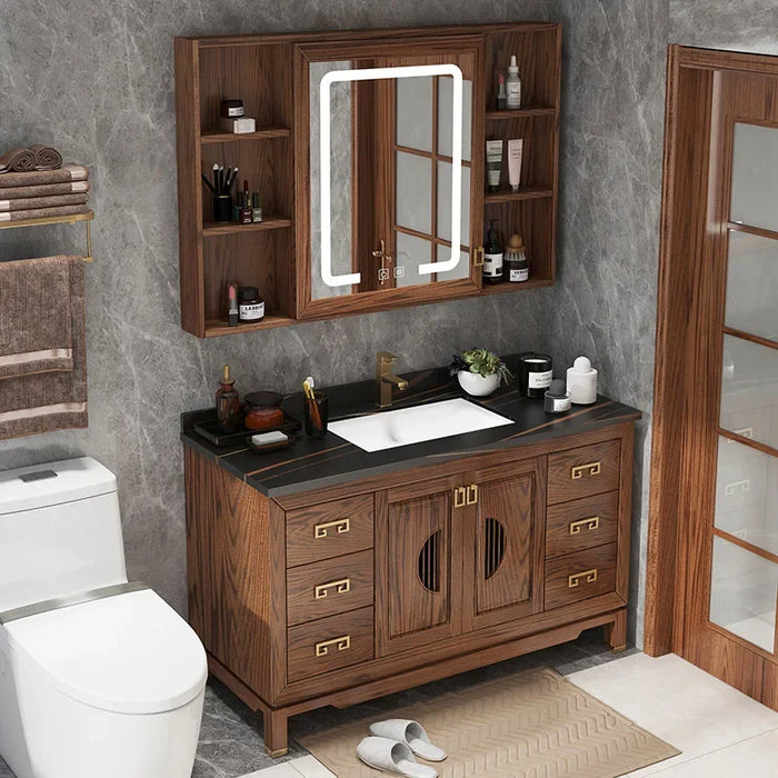 Vintage Oak Bathroom Cabinet Solid Wood Bathroom Vanity Cabinet with Sink Ceramic Washbasin Slate Countertop Bathroom Furniture