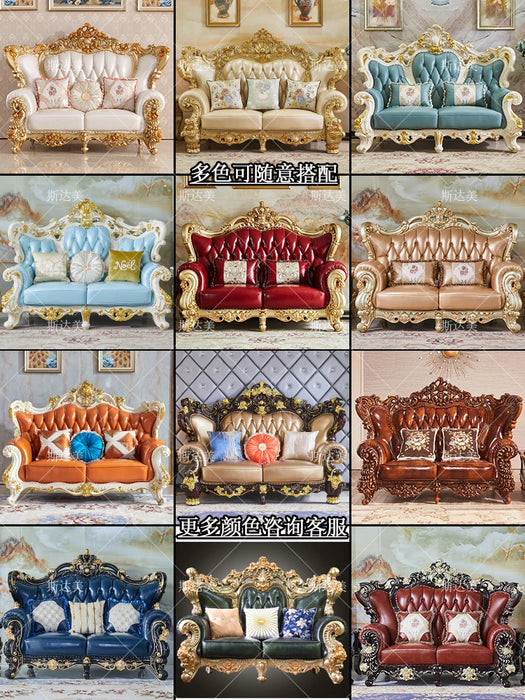 European Style Leather Sofa 123 Combo Solid Wood Crown Carved Living Room Villa Mansion Luxury Whole House Furniture Set