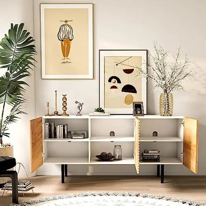 TV Stand for TVs up to 65", Media Console Entertainment Center for Living Room, Poplar Wood Print Carved and Geometric Design