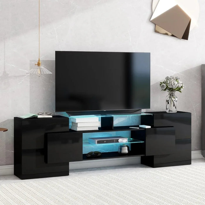 Appot AT-SD000016AAB Stand with 2 Illuminated Glass Shelves, High Gloss Entertainment Center for TVs Up to 80", Black