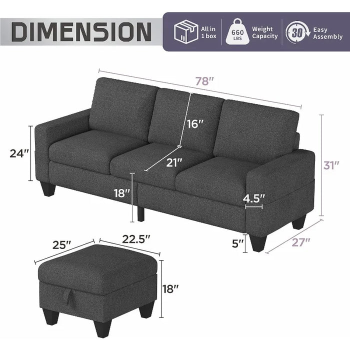 Sectional Sofa L-Shaped Couch, Couches for Living Room with Reversible Storage Chaise & Side Storage Pockets, 3-Seat Linen Sofa