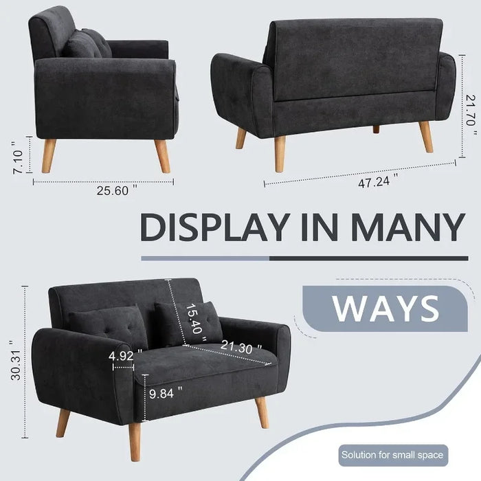 Shintenchi Small Modern Loveseat Couch Sofa, Mid Century Fabric Upholstered 2-Seat Sofa Apartment with 2 Pillows,Black