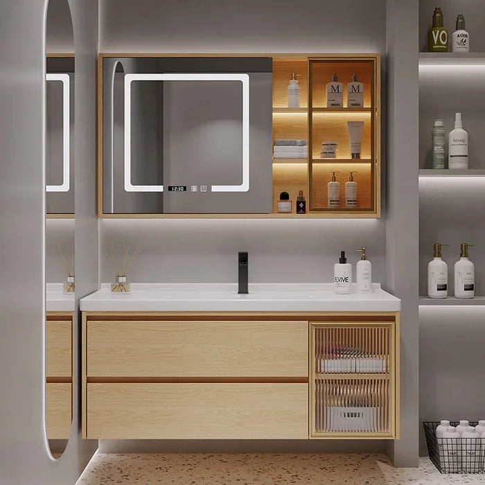 Log Colored Bathroom Cabinets Smart Mirror Cabinet Integrated Ceramic Washbasin Bathroom Cabinet Vanity Sink Bathroom Furniture