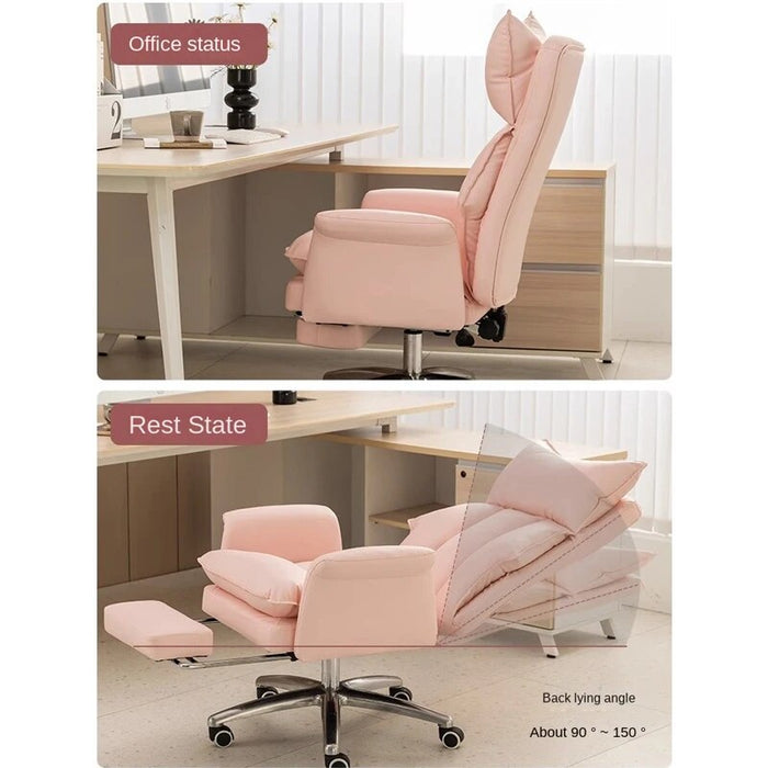 2023 New Computer Chair Pink Girls Office Home Soft Comfortable Ergonomic Sofa Chair Steel Foot Strap Rest High Quality Leather