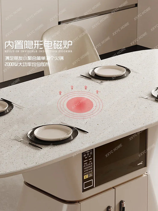 Stone Plate Kitchen Island Dining Table Integrated Retractable White Oval Household Dining Tables and Chairs