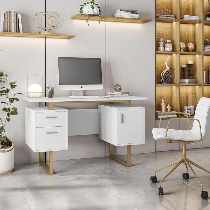 Storage Drawers and Cabinet 51.25” W-Modern Office Large Floating Desktop Surface Desk White/Gold Freight Free Computer Table