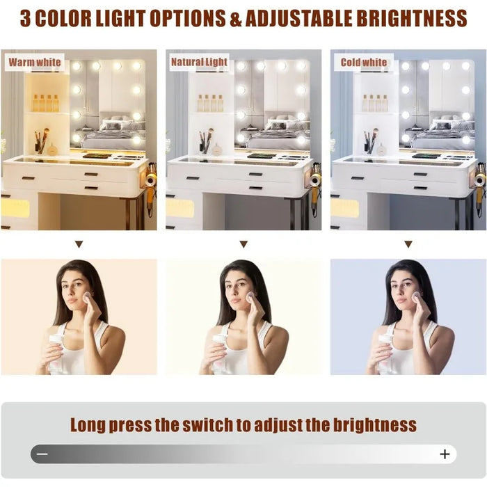Vanity Makeup Set with Mirror Lights: White Dressing Table with 6 Drawers/Large Storage - Vanity Makeup Table