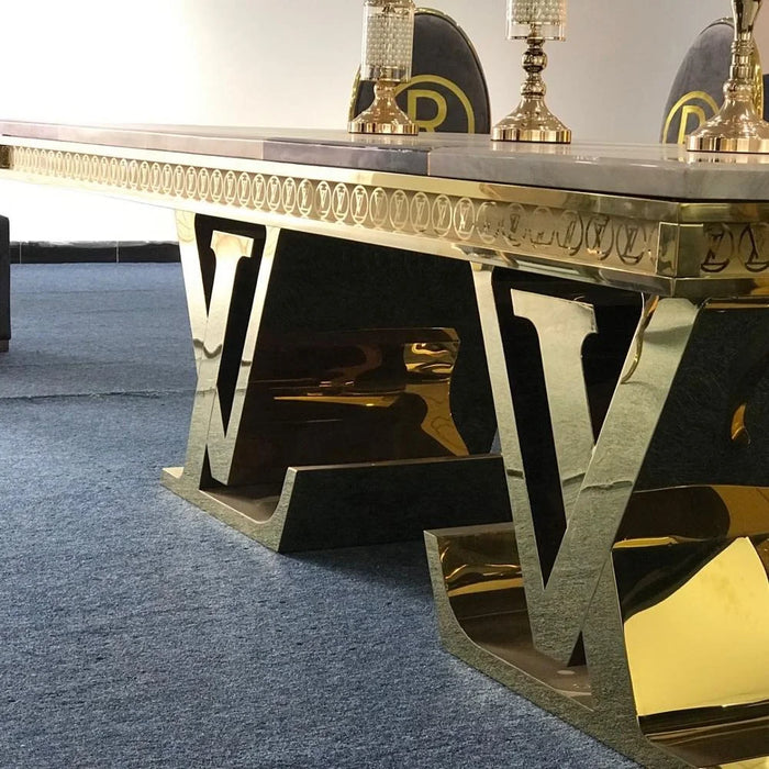 Luxury Carved Edge Rectangular Marble Dining Table Gold Brass Stainless Steel Hotel Wedding Table