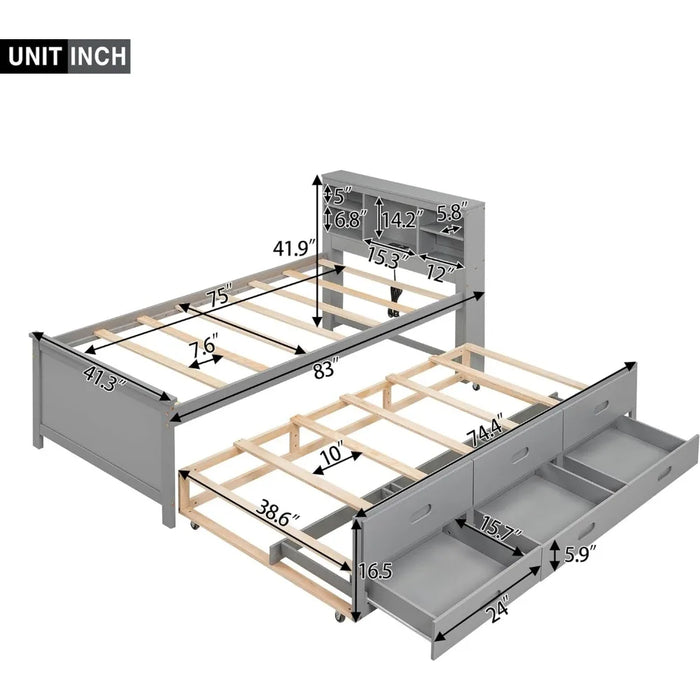 Twin platform bed with storage headboard, solid wood captain bed with twin castors, 3 drawers and USB plug