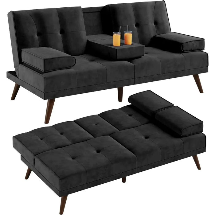 Shahoo Convertible Folding Futon Sofa Bed Sleeper Couch f, Metal Legs, 2 Cup Holders, Black