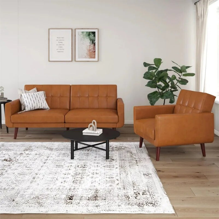 Better Homes & Gardens Nola Modern Futon, Camel Faux Leather sofa set living room furniture