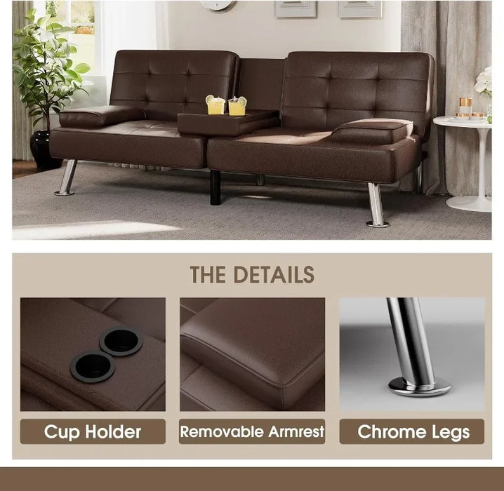 Futon Sofa Bed Modern Faux Leather Couch, Convertible Folding Couch Recliner Lounge for Living Room w/ 2 Cup Holders w/ Armrest