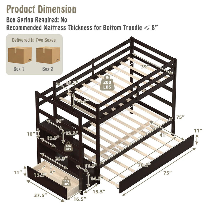 Twin Over Twin Bunk Bed with Trundle Stairway and Storage Shelf Drawer Espresso