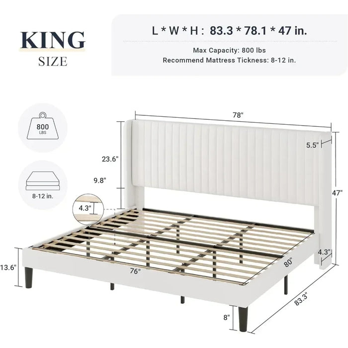 Bed FrameVelvet Bed Frame Vertical Groove Tufted Wing Back Headboard Padded Platform Bed No Springs Required Sturdy Wooden Slats