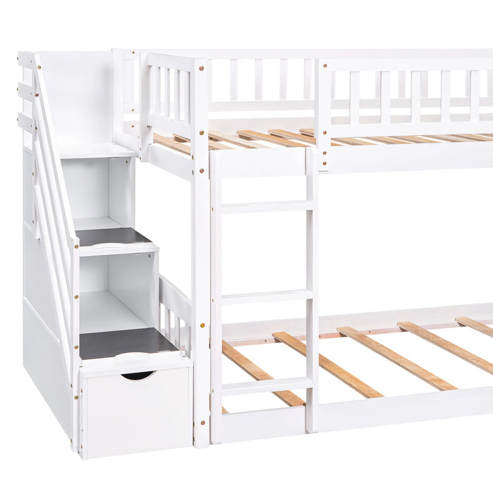 Stairway Twin over Twin Bunk Bed with Two Drawers and Slide