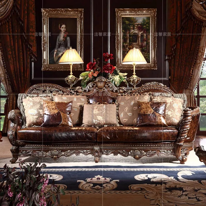 Classical Oil Wax Leather Sofa European-Style Large Apartment Living Room