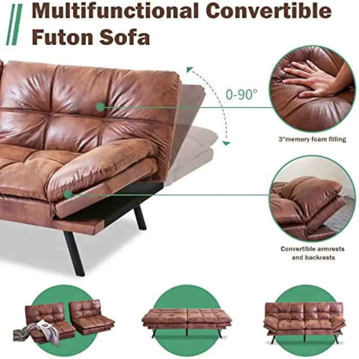 Futon Sofa Bed,Lounge Memory Foam Sleeper Couch Room,Convertible Loveseat 71"-Brown-Faux Leather-Thicker versio, 713331.5