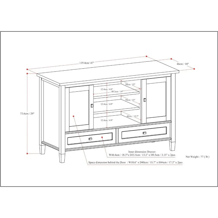 Warm Shaker SOLID WOOD 47 Inch Wide Transitional TV Media Stand in Black For TVs Up to 52 Inches Furniture Wall Tv Cabinet