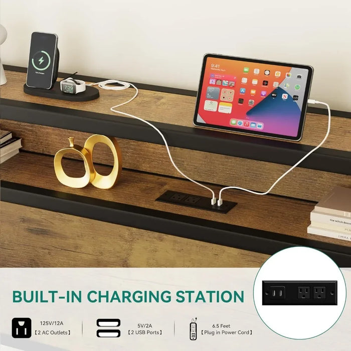 Lifting storage bed frame, bed frame with double storage shelf headboard, LED light platform bed frame with charging station