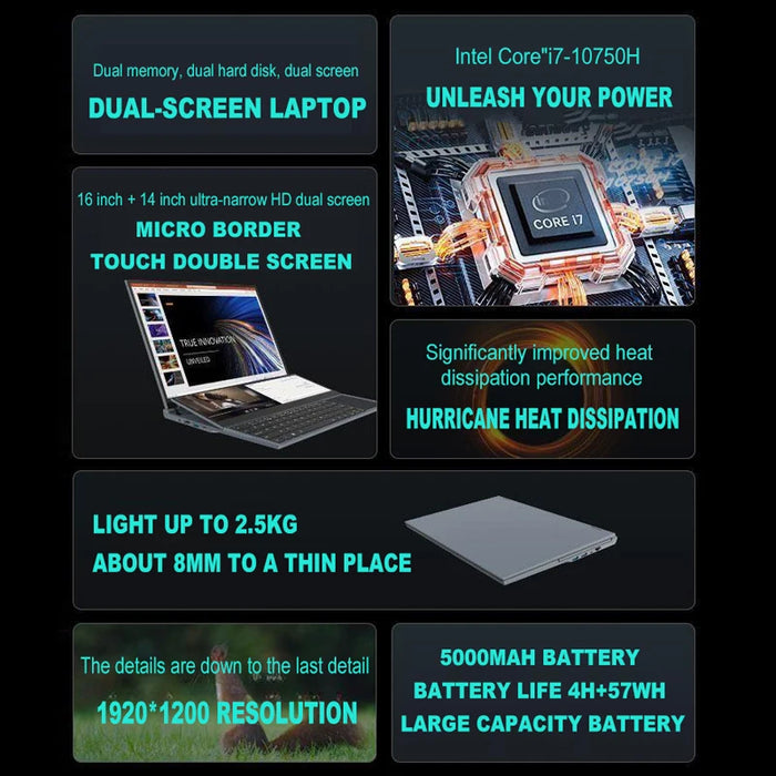 16 +14 Inch Dual Touch Screen Laptop 32GB RAM + 2TB SSD Gaming Laptop Core i7 10750H Processor Windows 11 Support External GPU