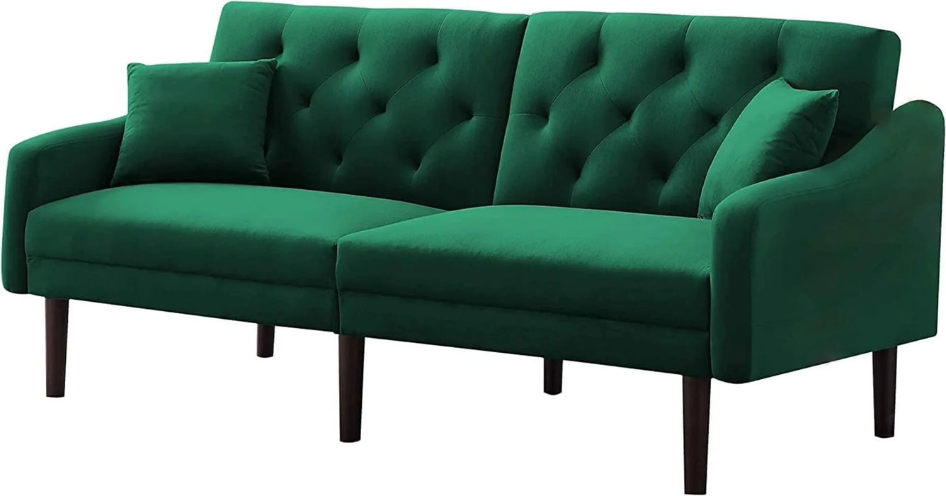 DNYN Convertible Sleeper Futon Sofa with 2 Pillows, Velvet Tufted Couch w/Metal Legs and Adjustable Backrest, Green