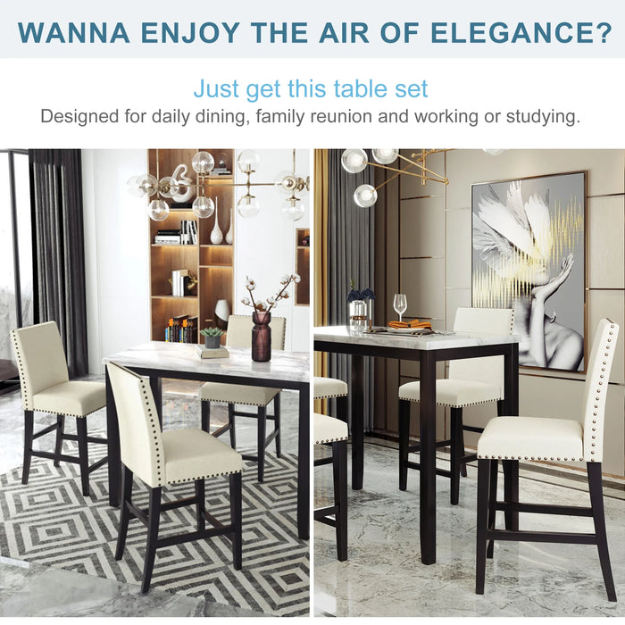 5 Piece Counter Height Faux Marble Modern Dining Set with Matching Chairs and Marble Veneer for Home, Beige