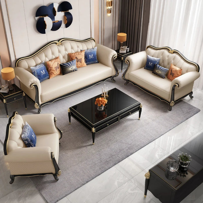 American high quality leather sofa combination light luxury style European solid wood carving sofa villa furniture