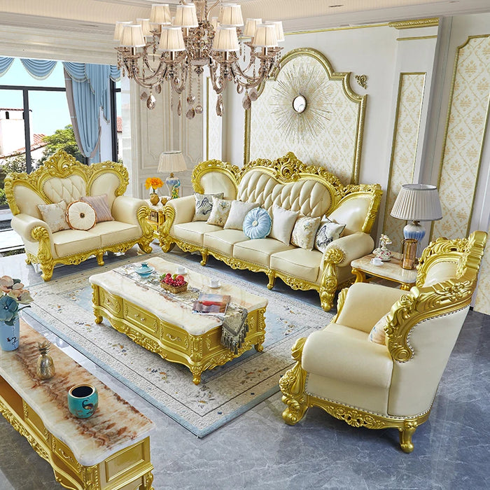 European style top layer cowhide sofa, luxurious palace, all solid wood carving and flower furniture, luxurious
