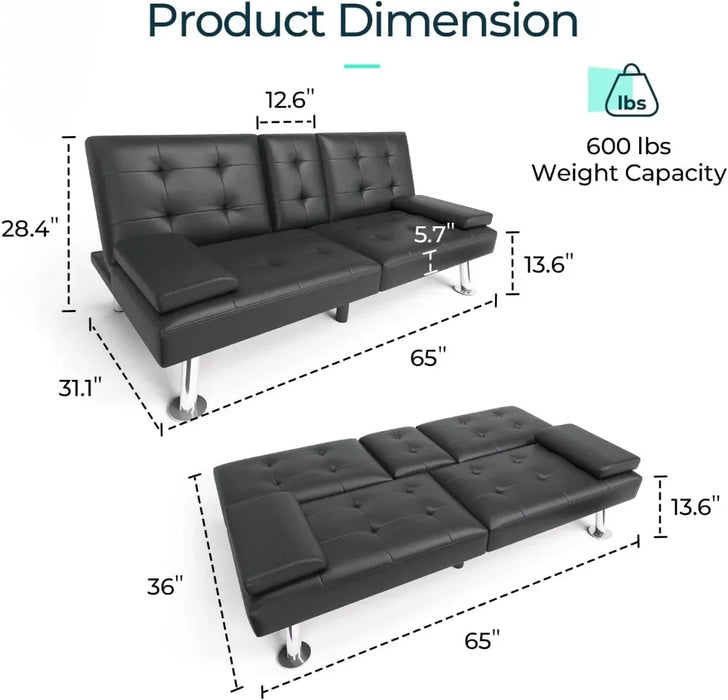Futon, Faux Lether Futon Couch Bed, Comfy Modern Black Futon Bed, Folding Recliner Sleeper Sofa with Adjustable Backrest,