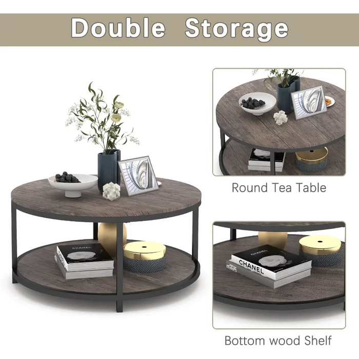NSdirect NS Round, 36 inch Coffee Living Room,2-Tier Rustic Wood Desktop & Sturdy Metal Legs Table Modern Design Home Furniture