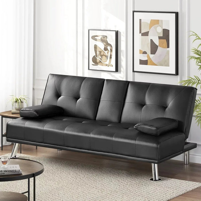 Modern Faux Leather Futon With Cupholders and Pillows Sofa Living Room Sofas Black Furniture Home Sofas